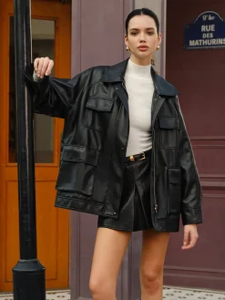 COMMENSE Lapel Belted Zipper PU Leather Jacket* Outerwear|Jackets
