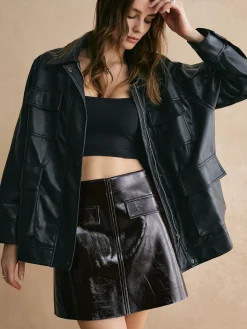 COMMENSE Lapel Belted Zipper PU Leather Jacket* Outerwear|Jackets