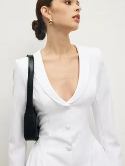 COMMENSE Lapel Breasted Pleated Corset Dress* White Dresses|Work Dresses