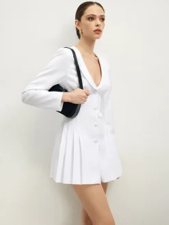 COMMENSE Lapel Breasted Pleated Corset Dress* White Dresses|Work Dresses