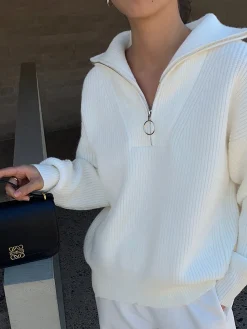 COMMENSE Lapel Half-Zipper Ribbed Sweater* Sweater Tops|Sweaters & Cardigans