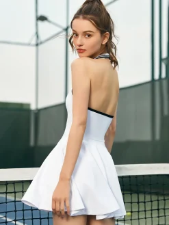 COMMENSE Lapel Panel Active Halter Dress* White Dresses|Activewear