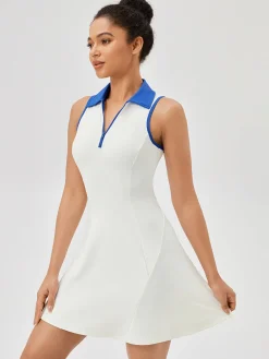 COMMENSE Lapel Piping Active Jersey Dress* White Dresses|Activewear