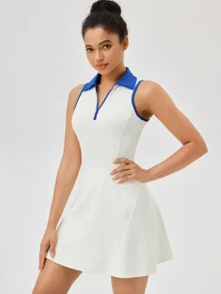 COMMENSE Lapel Piping Active Jersey Dress* White Dresses|Activewear