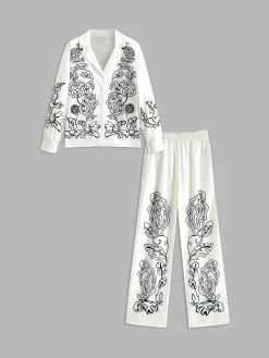 COMMENSE Lapel Printed Elastic Waist Pants Set* Pants Sets|Matching Sets