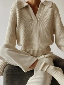 COMMENSE Lapel Ribbed Pullover Sweater* Sweater Tops|Sweaters & Cardigans
