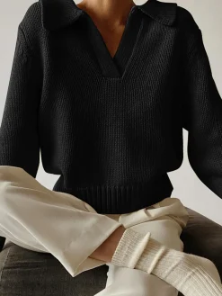 COMMENSE Lapel Ribbed Pullover Sweater* Sweater Tops|Sweaters & Cardigans