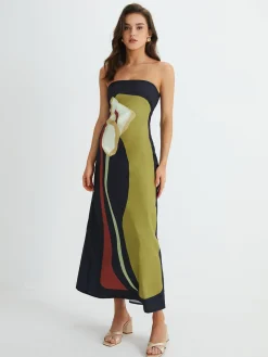 COMMENSE Large Floral Print Split Tube Long Dress* Floral Dresses|Vacation Dresses