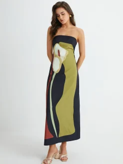 COMMENSE Large Floral Print Split Tube Long Dress* Floral Dresses|Vacation Dresses