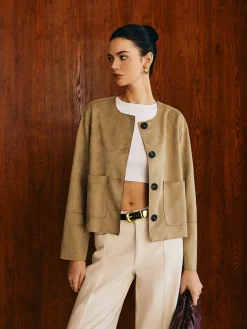 COMMENSE Large Pockets Breasted Suede Jacket* Outerwear|Jackets