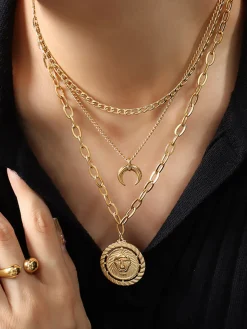 COMMENSE Layering Moon Lion Circle Pendant Necklace* Necklaces|Accessories