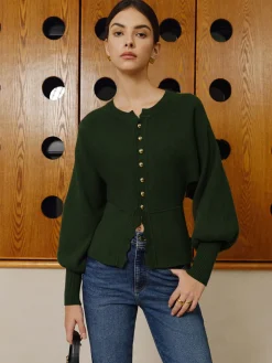 COMMENSE Leg-Of Mutton Sleeve Wave Trim Knit Top* Sweater Tops|Sweaters & Cardigans