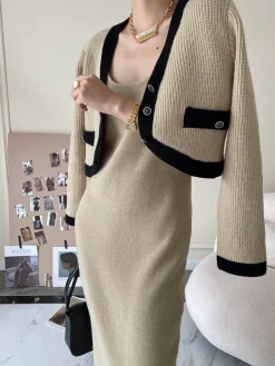 COMMENSE Leisure Contrast Trim Knit Skirt Set* Skirt Sets|Long Sleeve Sets