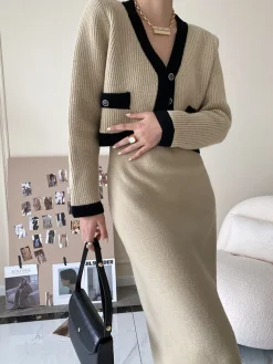 COMMENSE Leisure Contrast Trim Knit Skirt Set* Skirt Sets|Long Sleeve Sets