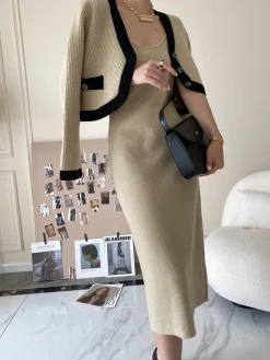COMMENSE Leisure Contrast Trim Knit Skirt Set* Skirt Sets|Long Sleeve Sets