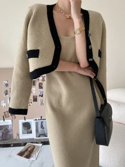 COMMENSE Leisure Contrast Trim Knit Skirt Set* Skirt Sets|Long Sleeve Sets