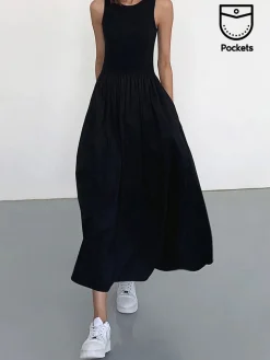 COMMENSE Leisure Crew Neck Long Dress* White Dresses|Black Dresses