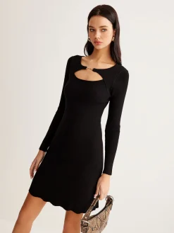 COMMENSE Leisure Cutout Metal Decor Sweater Dress* Black Dresses|Sweater Dresses