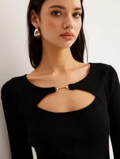 COMMENSE Leisure Cutout Metal Decor Sweater Dress* Black Dresses|Sweater Dresses