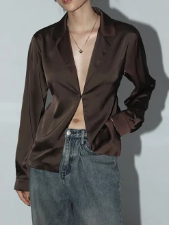 COMMENSE Leisure Oversized Satin Tie Back Shirt* Blouses & Shirts|Matching Sets