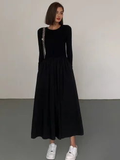 COMMENSE Leisure Pockets Long Sleeve Long Dress* Black Dresses|Casual Dresses