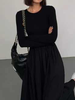 COMMENSE Leisure Pockets Long Sleeve Long Dress* Black Dresses|Casual Dresses