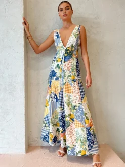 COMMENSE Lemonade Print Lace Trim Long Dress* Casual Dresses|Vacation Dresses