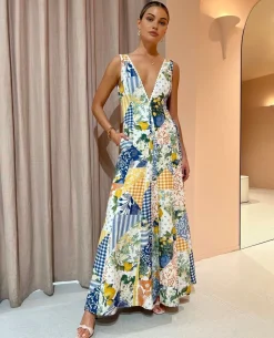 COMMENSE Lemonade Print Lace Trim Long Dress* Casual Dresses|Vacation Dresses