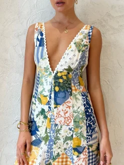 COMMENSE Lemonade Print Lace Trim Long Dress* Casual Dresses|Vacation Dresses