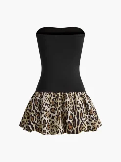 COMMENSE Leopard Print Paneled Strapless Short Dress* Black Dresses|Casual Dresses