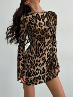 COMMENSE Leopard Printed Open Back Tie Dress* Casual Dresses|Short Dresses
