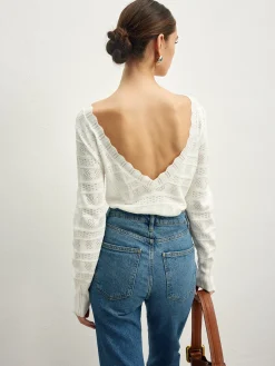 COMMENSE Lettuce Trim Backless Pointelle Knit Top* Sweater Tops|Sweaters & Cardigans