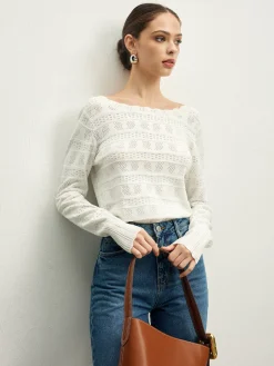 COMMENSE Lettuce Trim Backless Pointelle Knit Top* Sweater Tops|Sweaters & Cardigans