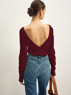 COMMENSE Lettuce Trim Backless Pointelle Knit Top* Sweater Tops|Sweaters & Cardigans