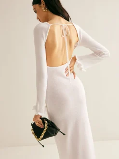 COMMENSE Lettuce Trim Backless Sweater Long Dress* White Dresses|Sweater Dresses