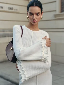 COMMENSE Lettuce Trim Bell Sleeve Sweater Dress* White Dresses|Sweater Dresses