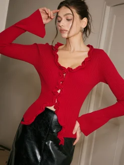 COMMENSE Lettuce Trim Bell Sleeve Slim Sweater* Sweater Tops|Sweaters & Cardigans