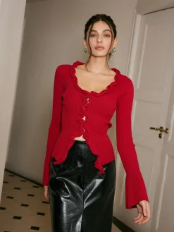 COMMENSE Lettuce Trim Bell Sleeve Slim Sweater* Sweater Tops|Sweaters & Cardigans