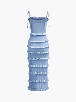 COMMENSE Lettuce Trim Knotted Cami Midi Dress* Vacation Dresses|Summer Dresses