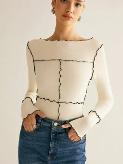 COMMENSE Lettuce Trim Long Sleeve Slim T-Shirt* T-shirts|Tops