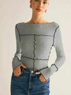 COMMENSE Lettuce Trim Long Sleeve Slim T-Shirt* T-shirts|Tops