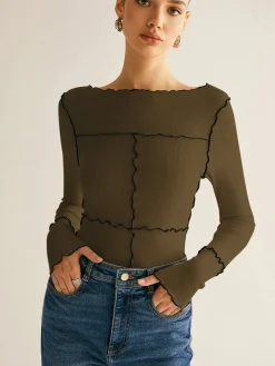 COMMENSE Lettuce Trim Long Sleeve Slim T-Shirt* T-shirts|Tops