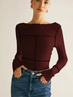 COMMENSE Lettuce Trim Long Sleeve Slim T-Shirt* T-shirts|Tops