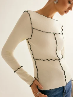 COMMENSE Lettuce Trim Long Sleeve Slim T-Shirt* T-shirts|Tops