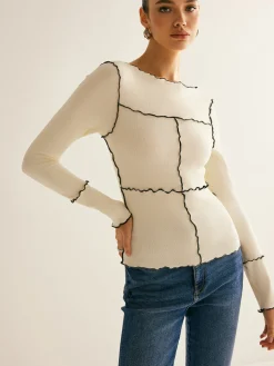 COMMENSE Lettuce Trim Long Sleeve Slim T-Shirt* T-shirts|Tops