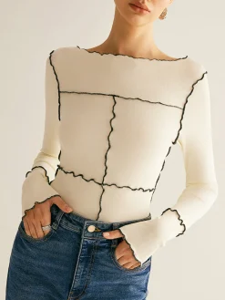 COMMENSE Lettuce Trim Long Sleeve Slim T-Shirt* T-shirts|Tops