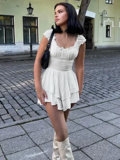 COMMENSE Lettuce Trim Shirred Waist Layered Short Dress* White Dresses|Casual Dresses