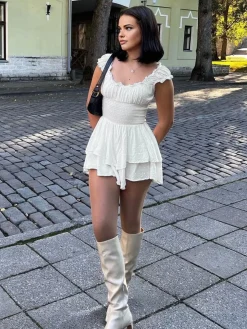 COMMENSE Lettuce Trim Shirred Waist Layered Short Dress* White Dresses|Casual Dresses