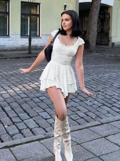COMMENSE Lettuce Trim Shirred Waist Layered Short Dress* White Dresses|Casual Dresses