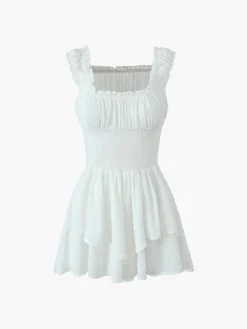 COMMENSE Lettuce Trim Shirred Waist Layered Short Dress* White Dresses|Casual Dresses